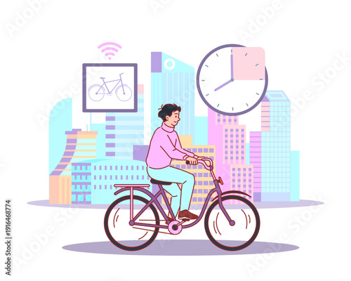 Bike driving in city. Public eco green transport rental, online ride booking, no traffic jams, mobility services and smart transportation navigation, person activity, vector cartoon concept