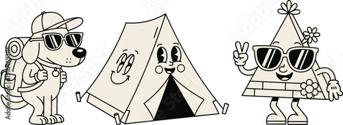 Cartoon camping dog character, smiling tent, pyramid mascot, outdoor adventure illustration, playful anthropomorphic design, colorful children artwork, fun travel theme