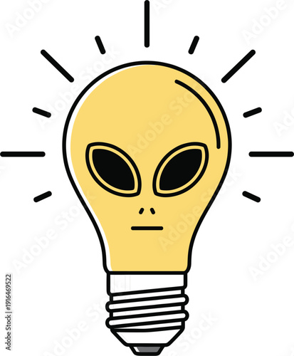 Creative alien head light bulb icon in yellow and black representing extraterrestrial intelligence futuristic technology and out-of-this-world idea concepts.