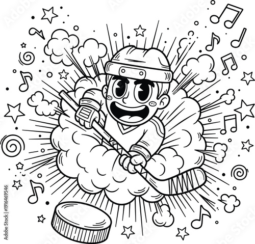 Cartoon hockey player bursting through smoke with stick and puck, dynamic sports mascot black and white illustration design