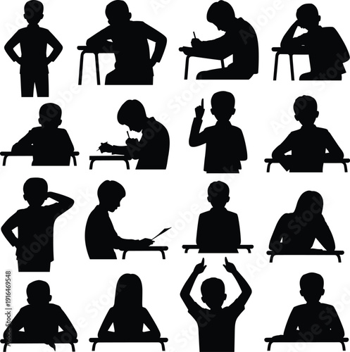 Set of school children silhouettes in classroom sitting at desks and studying
