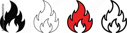 Fire and flame icon set featuring black silhouette outline and red color versions for heat warning energy power and campfire graphic design elements.