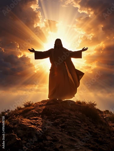 Silhouette of Jesus with open arms on hill at sunrise symbolizing faith and hope for Easter day holy