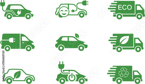 Green electric vehicle and eco-friendly delivery truck icons set featuring plug-in cars leaf symbols and recycling signs for sustainable transportation and logistics.