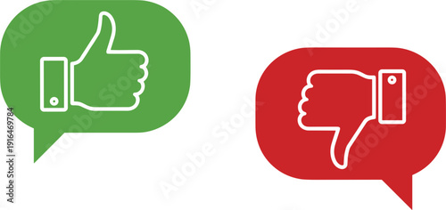 Green thumbs up and red thumbs down outline icons in speech bubbles for customer feedback satisfaction rating and social media like or dislike interface design.