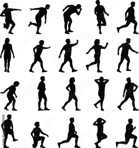 Collection of active people silhouettes in various poses and movements