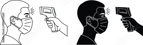 Infrared thermometer temperature check icons featuring people wearing medical face masks in silhouette and outline styles for pandemic safety screening protocols.