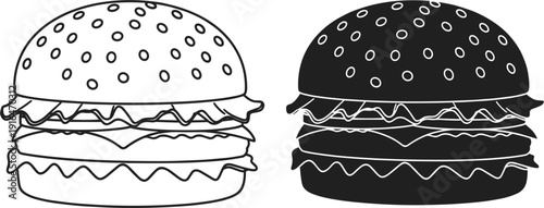 Outline and silhouette vector illustration of a delicious double cheeseburger with sesame seeds lettuce and tomato for fast food restaurant menu design.
