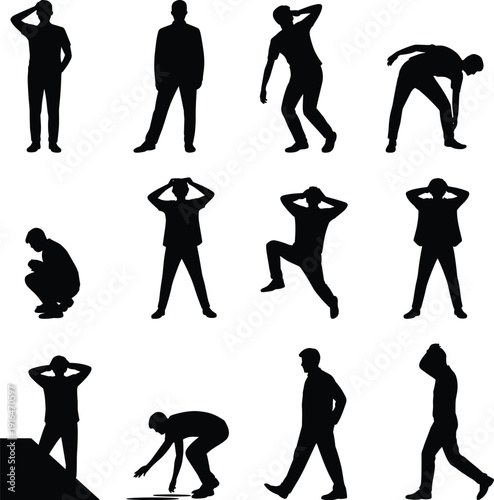 Collection of men silhouettes in various physical poses including stretching walking crouching and standing