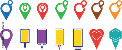 Set of colorful map pin icons and location pointers in various shapes including hearts and hexagons for GPS navigation travel apps and website interface design.