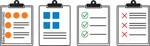 Set of four clipboard icons with task checklists featuring colorful bullet points check marks and red crosses for project management productivity and business organization.