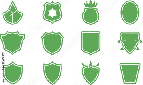 Set of green shield icons and medieval security badges for protection safety insurance data privacy and heraldry symbols isolated on white background.