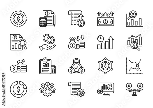 Cost control thin line icon set. Containing return of investment, budgeting, expenses, overhead, forecast, cost analysis, saving. Vector illustration