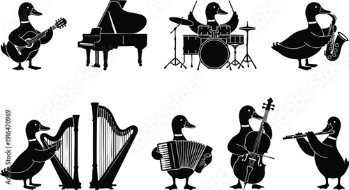 Ducks Playing Various Musical Instruments Silhouette.