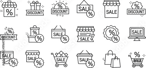 Collection of Sale Icons Representing Discounts and Shopping on a Clean White Background from a Direct Viewpoint