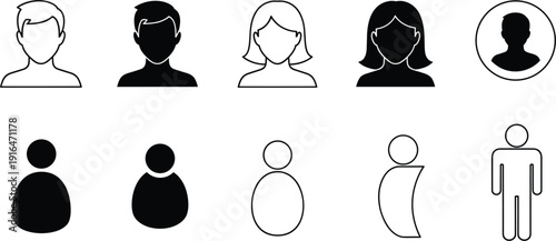 Set of ten diverse user profile and avatar icons in outline and silhouette styles for social media community members and website account interface design.
