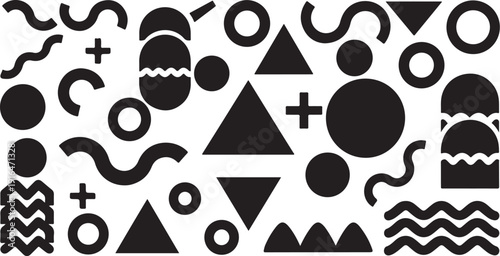 Geometric shapes and symbols in black and white pattern