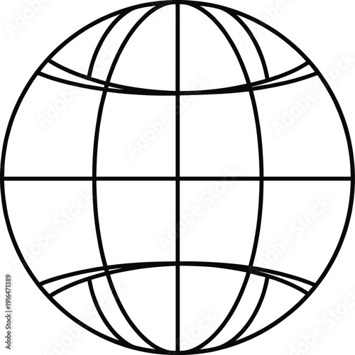 Simple line art illustration of a globe with longitude and latitude grid lines representing global network, international business, worldwide connectivity, and geographic location vector.