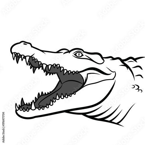 Aggressive Crocodile Head with Open Mouth and Sharp Teeth, Black and White Line Art