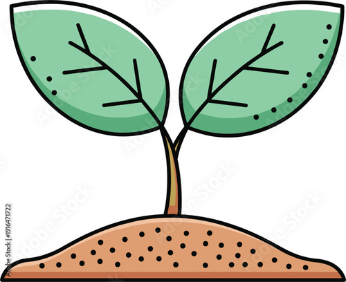 Young green plant seedling growing in soil representing nature conservation environmental growth gardening agriculture and spring season development illustration.