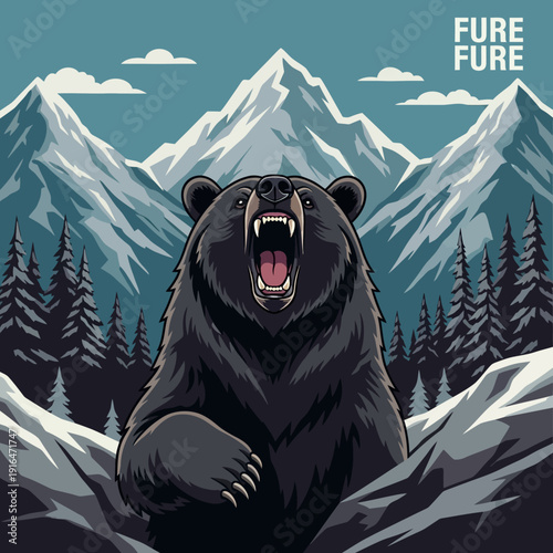 Aggressive Grizzly Bear Roaring in Snowy Mountain Landscape, Wildlife