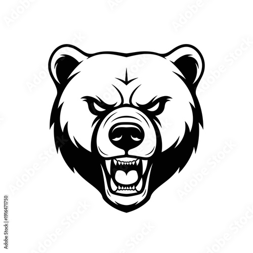 Aggressive Grizzly Bear Head Logo, Fierce Animal Mascot, Roaring Wildlife