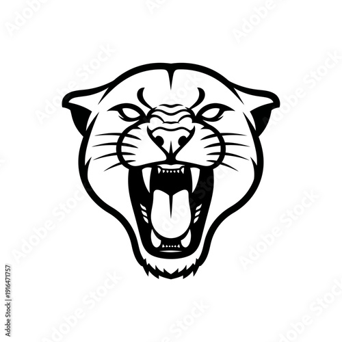 Aggressive Panther Head Roaring, Black and White Vector Art