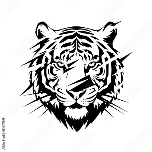 Aggressive Tiger Head Graphic, Black and White, Tribal Style, Fierce Animal Portrait