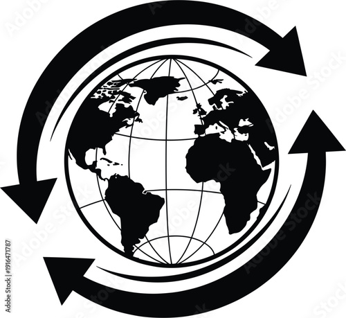 Black silhouette of earth globe with circular rotating arrows representing global recycling international trade world exchange sustainable environment and logistics concept.