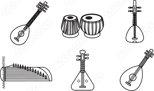 Collection of traditional musical instruments including stringed instruments and percussion isolated on white background