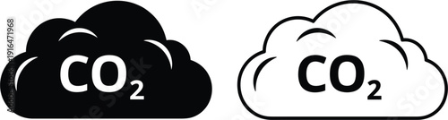 Carbon dioxide CO2 cloud icon set featuring black silhouette and outline versions for environmental pollution global warming emissions and climate change concepts.