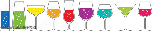 Colorful cocktail glass icons set featuring martini flute wine and highball glasses with bubbly drinks for bar menus party invitations and summer celebrations.
