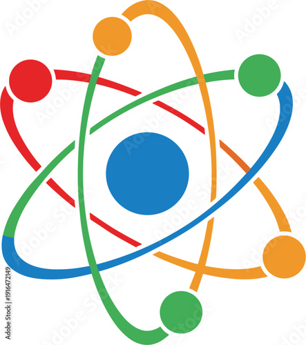 Colorful vector illustration of an atom model with a central nucleus and orbiting electrons for science education, physics research, and laboratory branding.