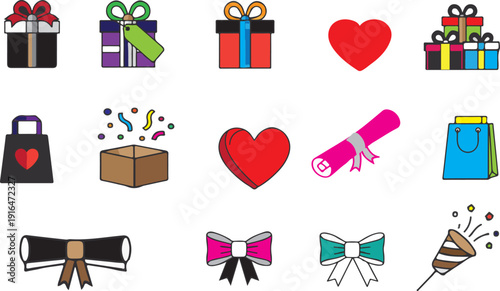 Cute Shopping and Gift Icons Set – Ecommerce and Retail Illustration ,set of icons for valentines, ideal for e-commerce websites, mobile apps, online stores, UI/UX design, promotional banners.