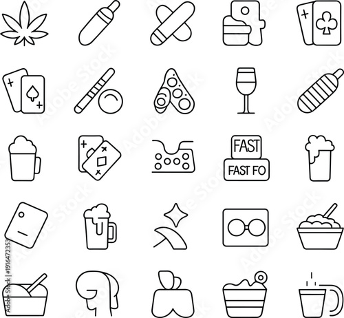 Lifestyle entertainment and leisure icon set, modern outline vector collection with food drinks gaming smoking party symbols minimal design pack