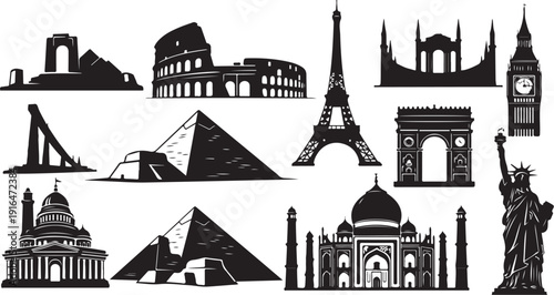 Famous landmarks and monuments from around the world in silhouette