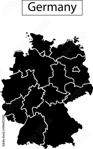 Black Vector Silhouette of Germany Map  Detailed , map of Germany showing states .
