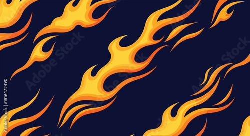 Flame abstract background, fiery design, vibrant yellow orange red, dark navy backdrop, hot fire illustration, dynamic energy, burning heat art