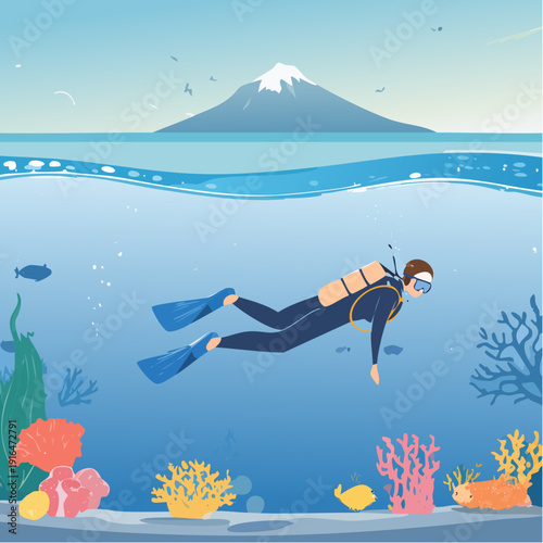 Scuba Diver Exploring Coral Reef Underwater with Tropical Island and Sailboat – Split View Ocean Illustration