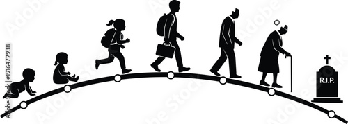 Human life cycle stages, growth from baby to elderly and death concept silhouette isolated on white background illustration