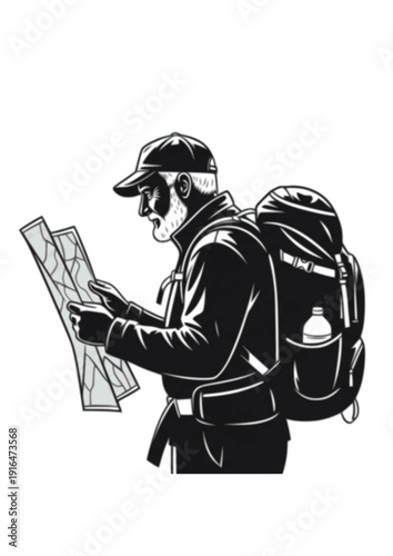 Senior hiker with backpack looking at map adventure travel silhouette vector