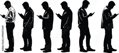 Man using smartphone silhouettes set, standing male figures texting isolated on white background vector illustration collection
