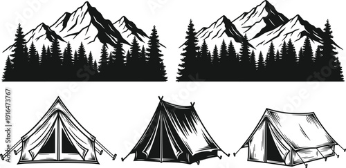 Mountain forest landscape and camping tents set, outdoor adventure nature illustration isolated on white background vector collection
