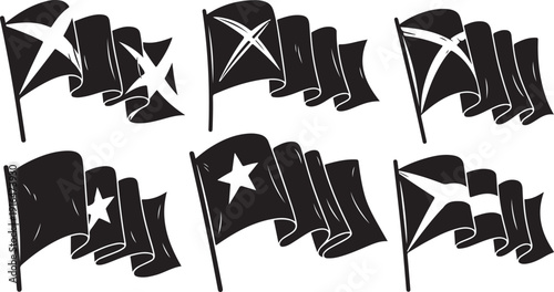 Black and white Scottish flags waving in the wind illustration
