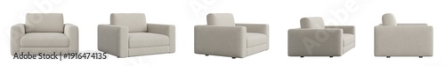 Set of beige fabric armchair isolated on transparent background, modern living room furniture.