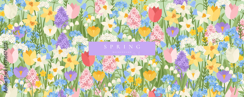 Spring  banner, greeting card, cover with tulip, daffodil, crocus, hyacinth, bluebell, daisy, lily of the valley, forget me not flowers. Floral art template for sale, Womens Day, Mothers Day, Easter