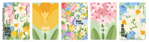 Spring card, poster set with spring flowers. Vector design template for banner, cover, advertising, social media
