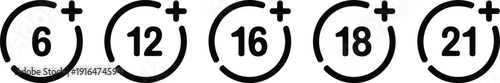 Age restriction icons set, 6 plus 12 plus 16 plus 18 plus 21 plus symbols vector