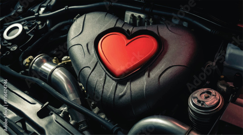 car engine with red heart on top  automotive design  symbol of love for cars