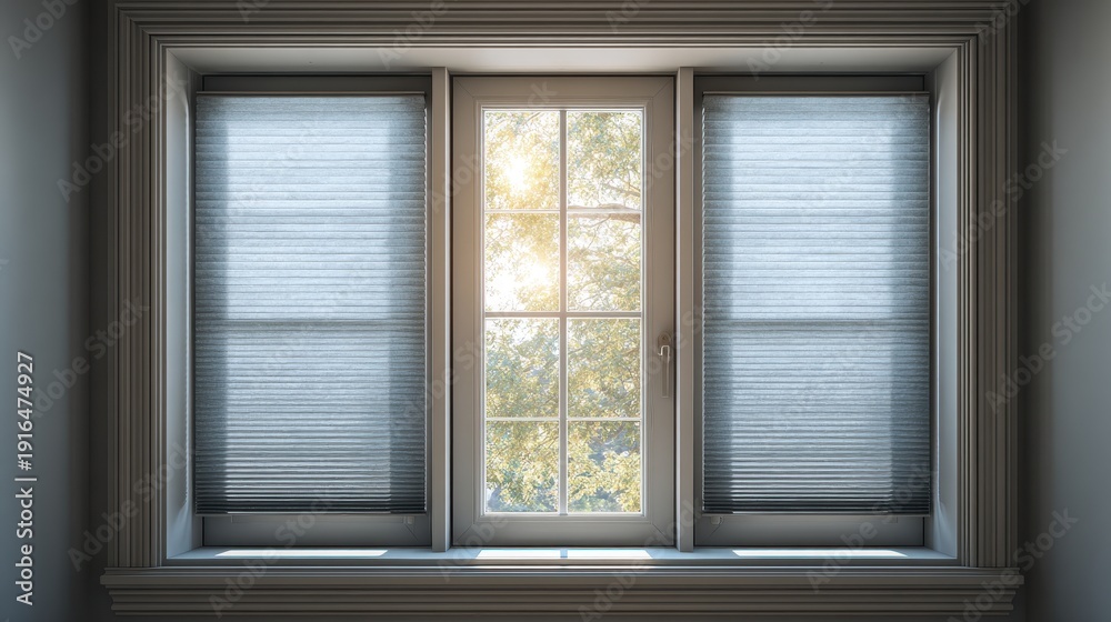 Fototapeta premium Modern window with grey pleated blinds and bright sunlight shining through the middle pane